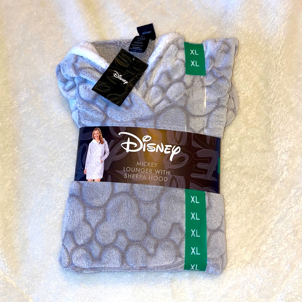 Disney Lounger Comfy Long Hoodie Sherpa size XL GREY Mickey Mouse Soft warm new